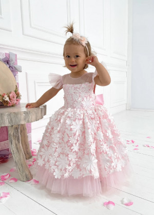 White Floral Appliques Pink Tulle V Back Flower Girl Dress